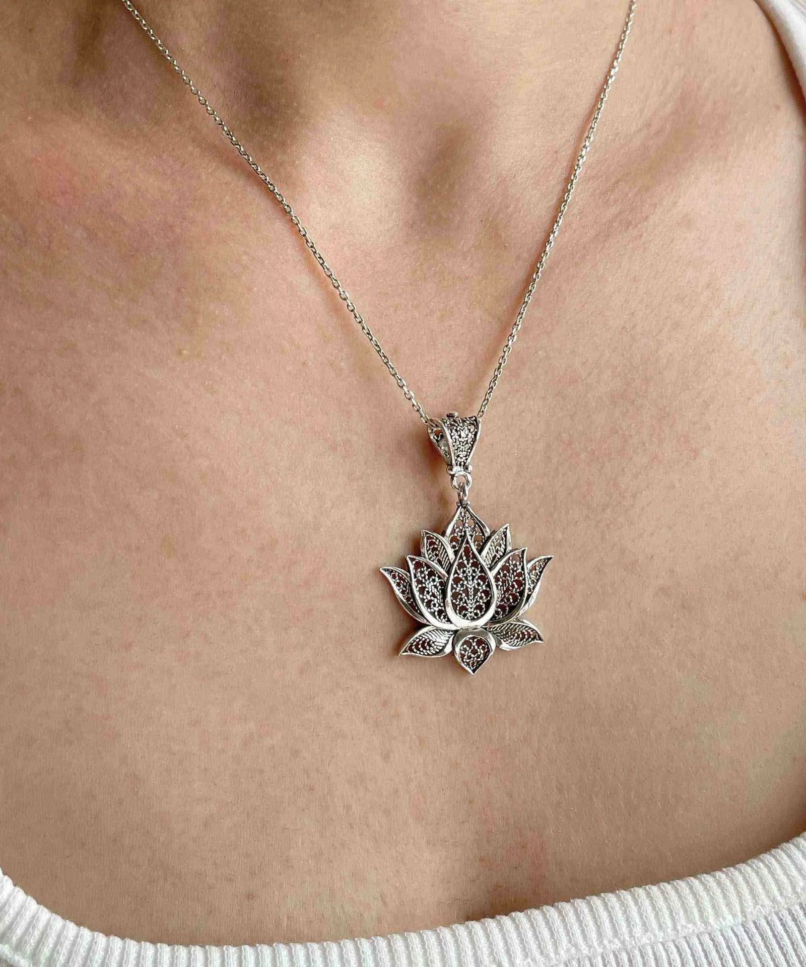 Filigree Art Sterling Silver Lotus Flower Women Pendant Necklace - Drakoi Marketplace