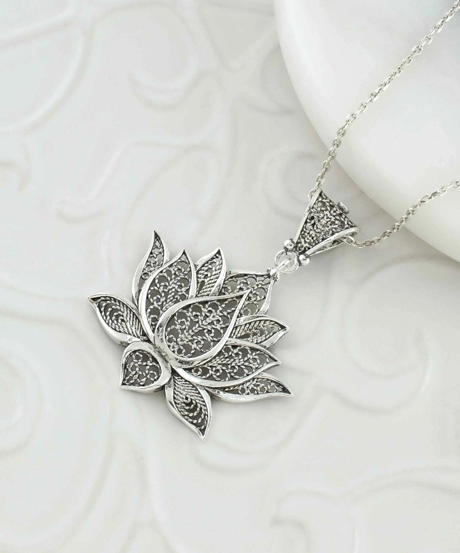 Filigree Art Sterling Silver Lotus Flower Women Pendant Necklace - Drakoi Marketplace