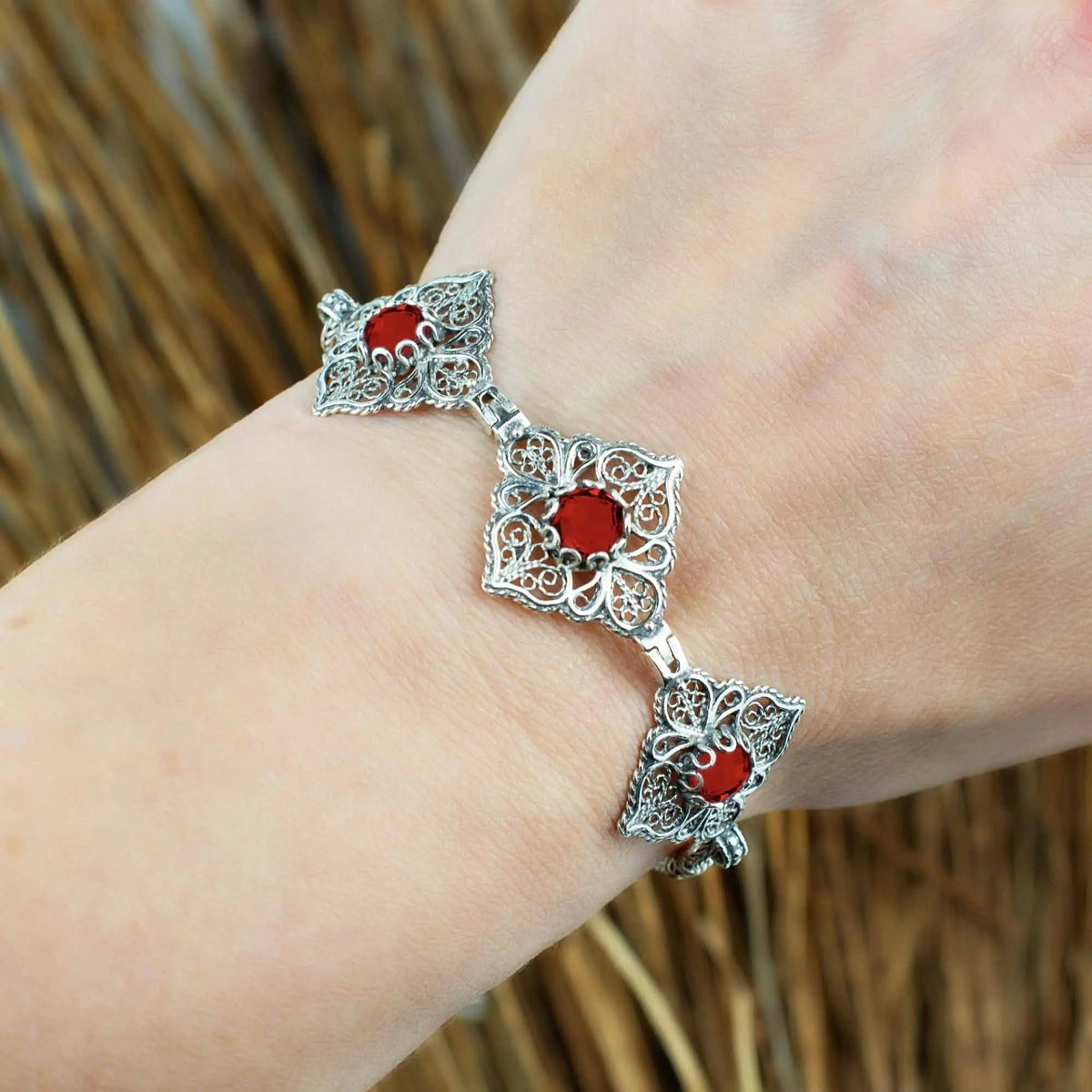 Filigree Art Sterling Silver Ruby Gemstone Woman Adjustable Link Bracelet - Drakoi Marketplace