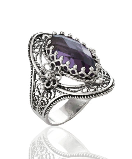 Filigree Art Sterling Silver Women Oval Statement Ring with February Birthstone Amethyst Gemstone - Drakoi Marketplace