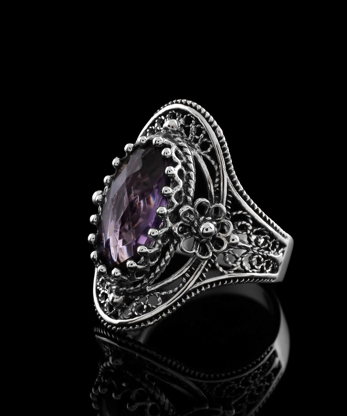 Filigree Art Sterling Silver Women Oval Statement Ring with February Birthstone Amethyst Gemstone - Drakoi Marketplace