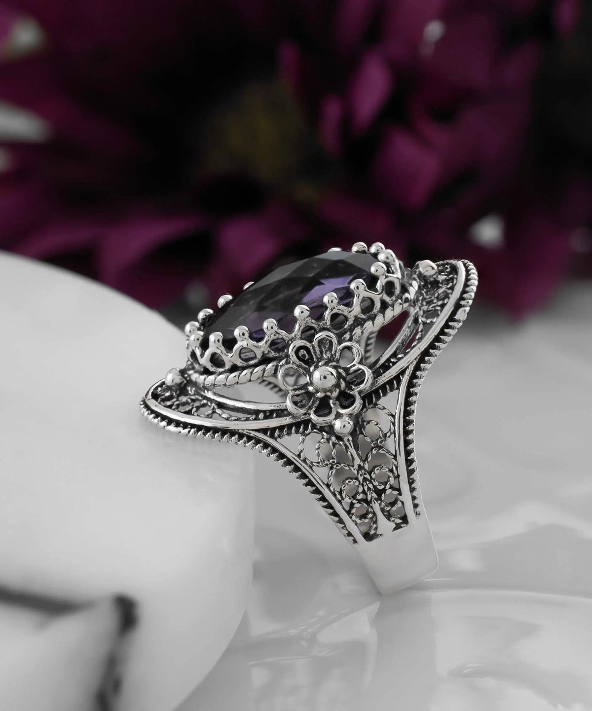 Filigree Art Sterling Silver Women Oval Statement Ring with February Birthstone Amethyst Gemstone - Drakoi Marketplace