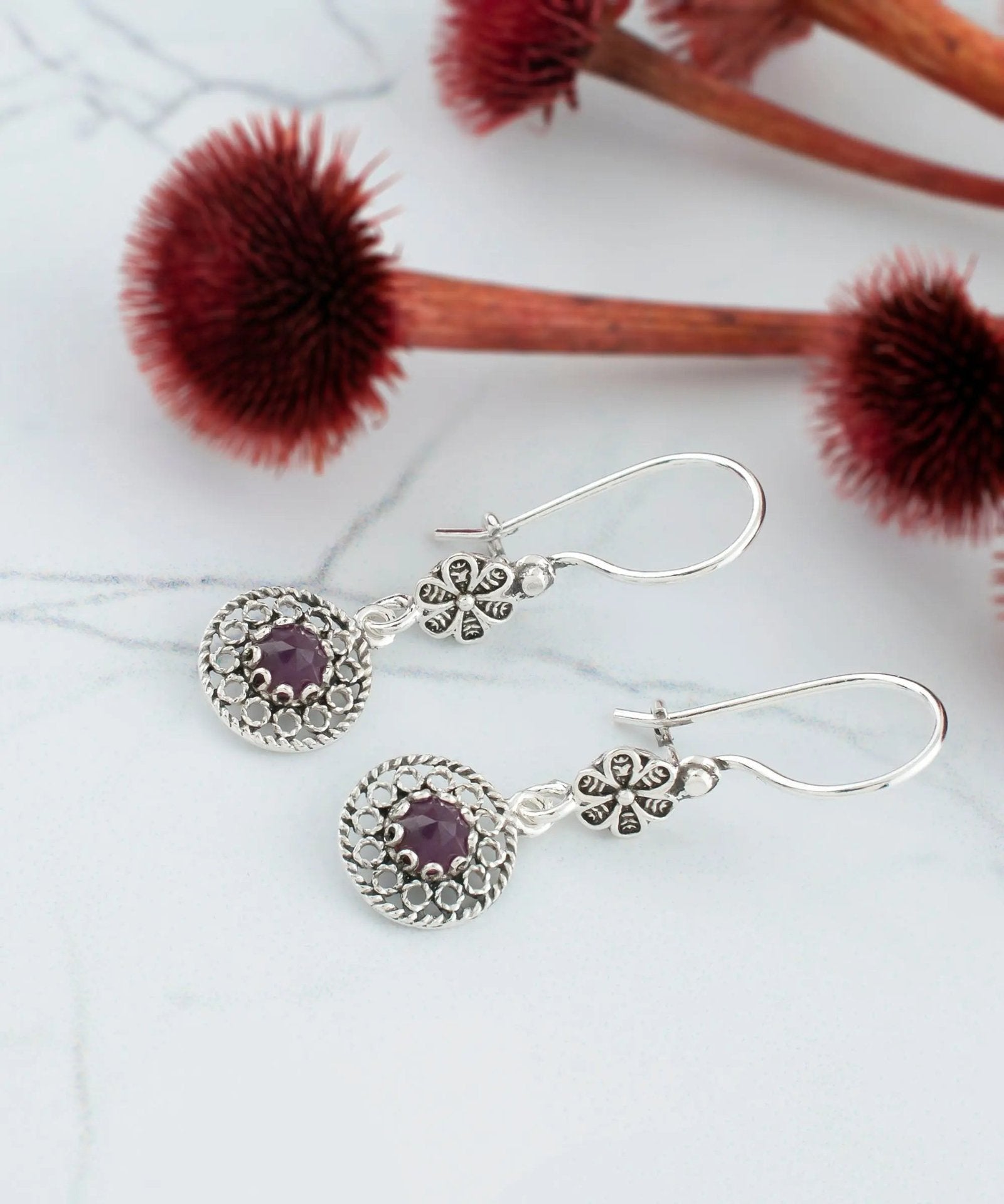 Filigree Art Sun Figured Gemstone Women Silver Dangle Earrings - Drakoi Marketplace