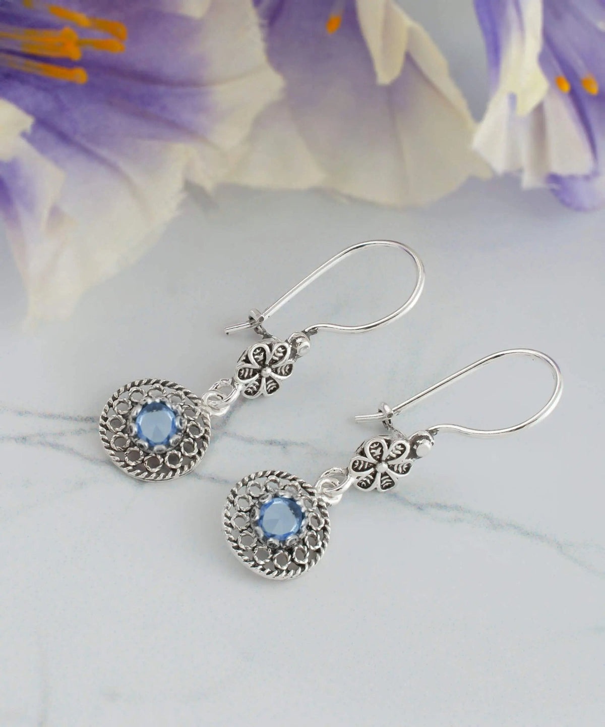 Filigree Art Sun Shaped Gemstone Women Silver Dangle Earrings - Drakoi Marketplace