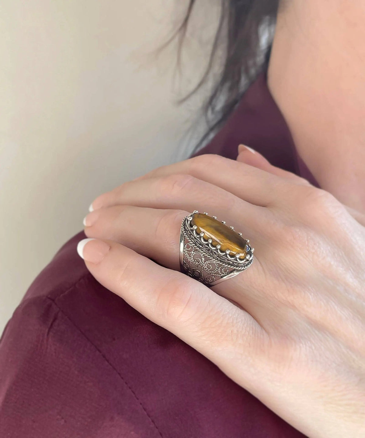 Filigree Art Tiger Eye Gemstone Women Silver Long Statement Ring - Drakoi Marketplace