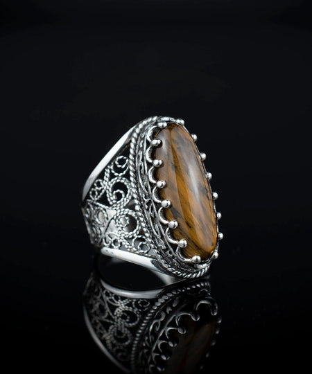 Filigree Art Tiger Eye Gemstone Women Silver Long Statement Ring - Drakoi Marketplace