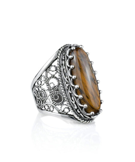 Filigree Art Tiger Eye Gemstone Women Silver Long Statement Ring - Drakoi Marketplace