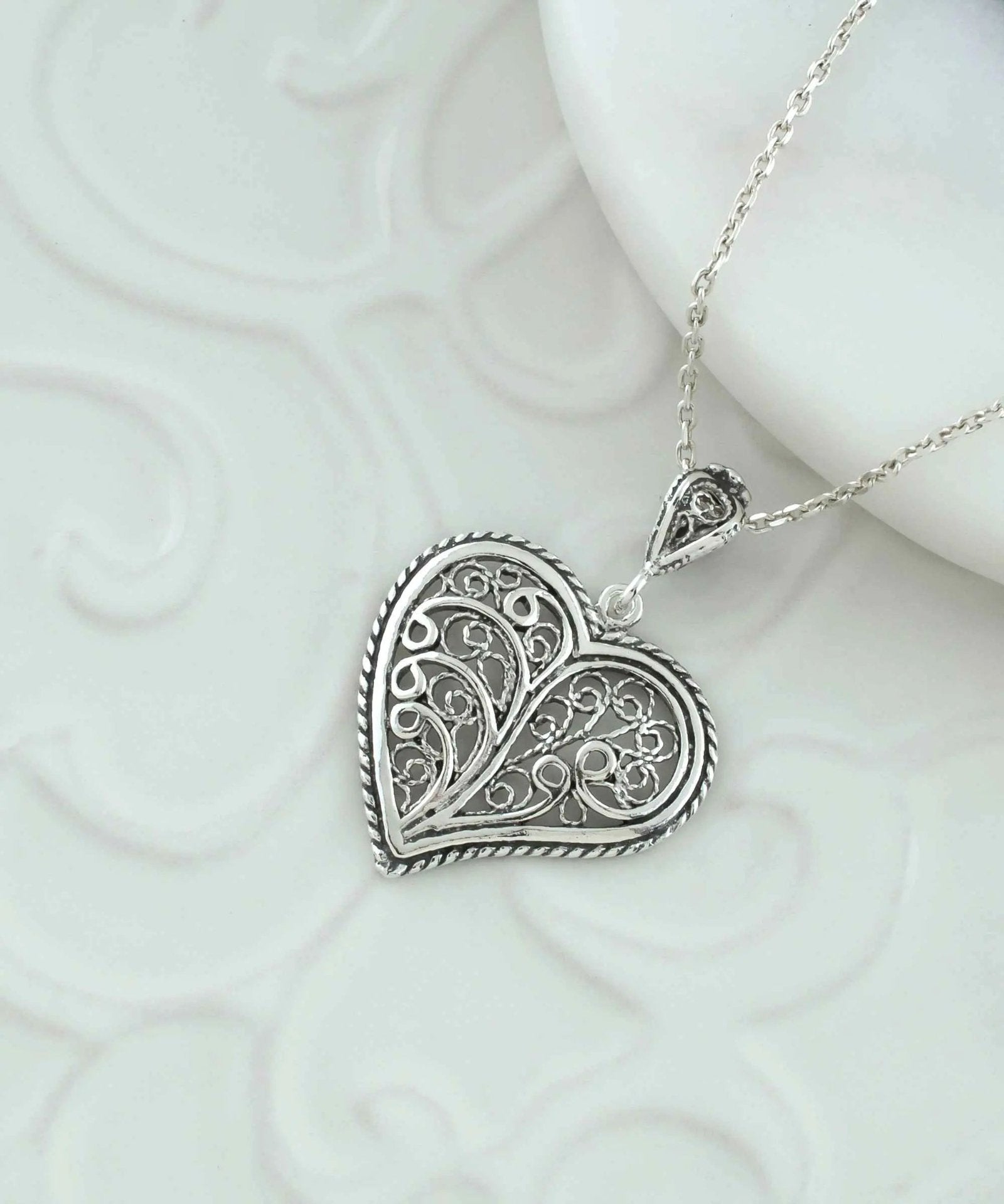 Filigree Art Tree of Life in Heart Women Silver Pendant Necklace - Drakoi Marketplace