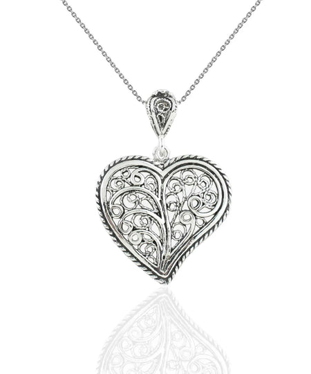 Filigree Art Tree of Life in Heart Women Silver Pendant Necklace - Drakoi Marketplace