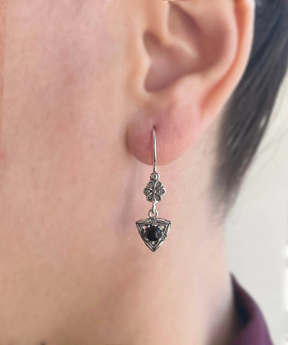 Filigree Art Triangle Figured Gemstone Women Silver Dangle Earrings - Drakoi Marketplace