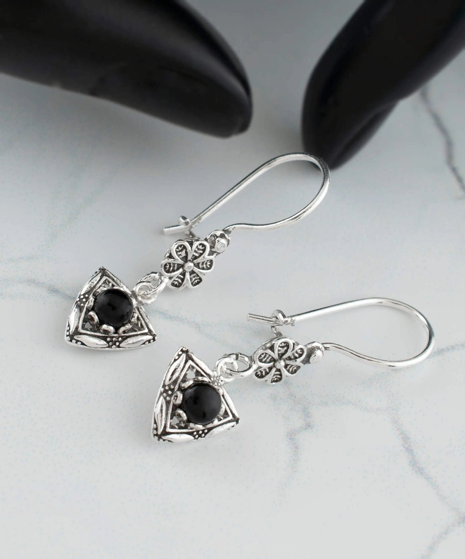 Filigree Art Triangle Figured Gemstone Women Silver Dangle Earrings - Drakoi Marketplace