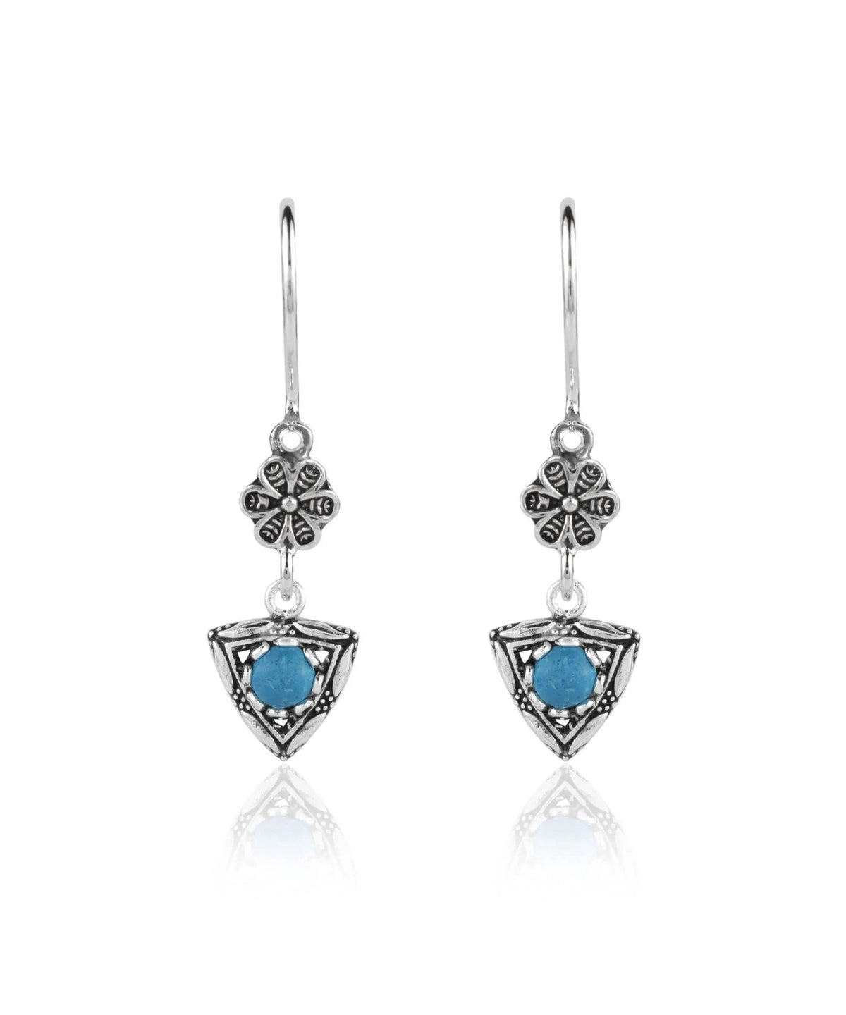 Filigree Art Triangle Figured Gemstone Women Silver Dangle Earrings - Drakoi Marketplace