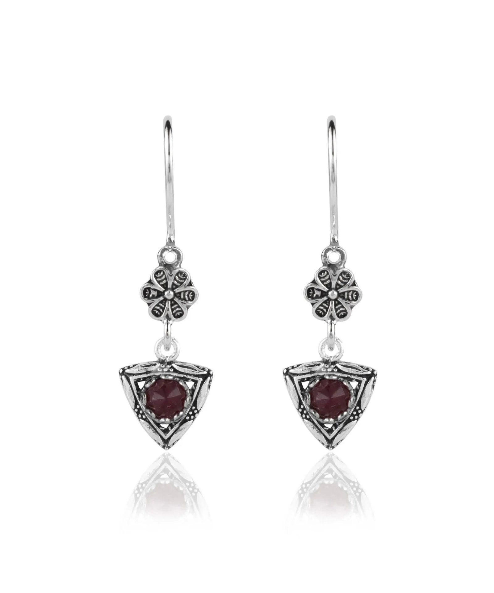 Filigree Art Triangle Figured Gemstone Women Silver Dangle Earrings - Drakoi Marketplace