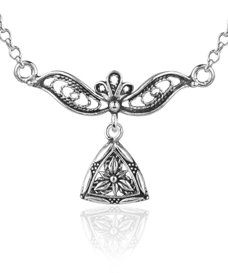 Filigree Art Triangle Lotus Design Women Silver Choker Necklace - Drakoi Marketplace