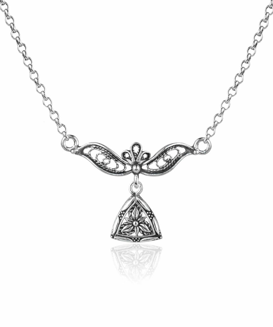 Filigree Art Triangle Lotus Design Women Silver Choker Necklace - Drakoi Marketplace