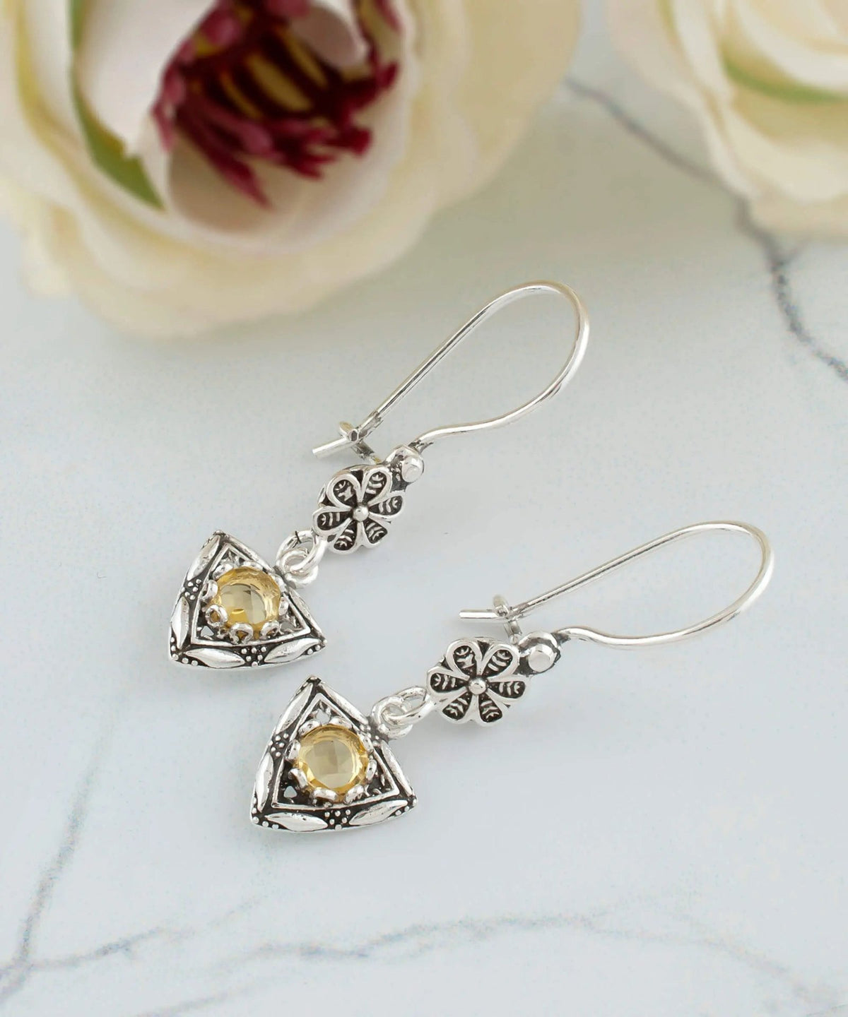 Filigree Art Triangle Shaped Gemstone Women Silver Dangle Earrings - Drakoi Marketplace