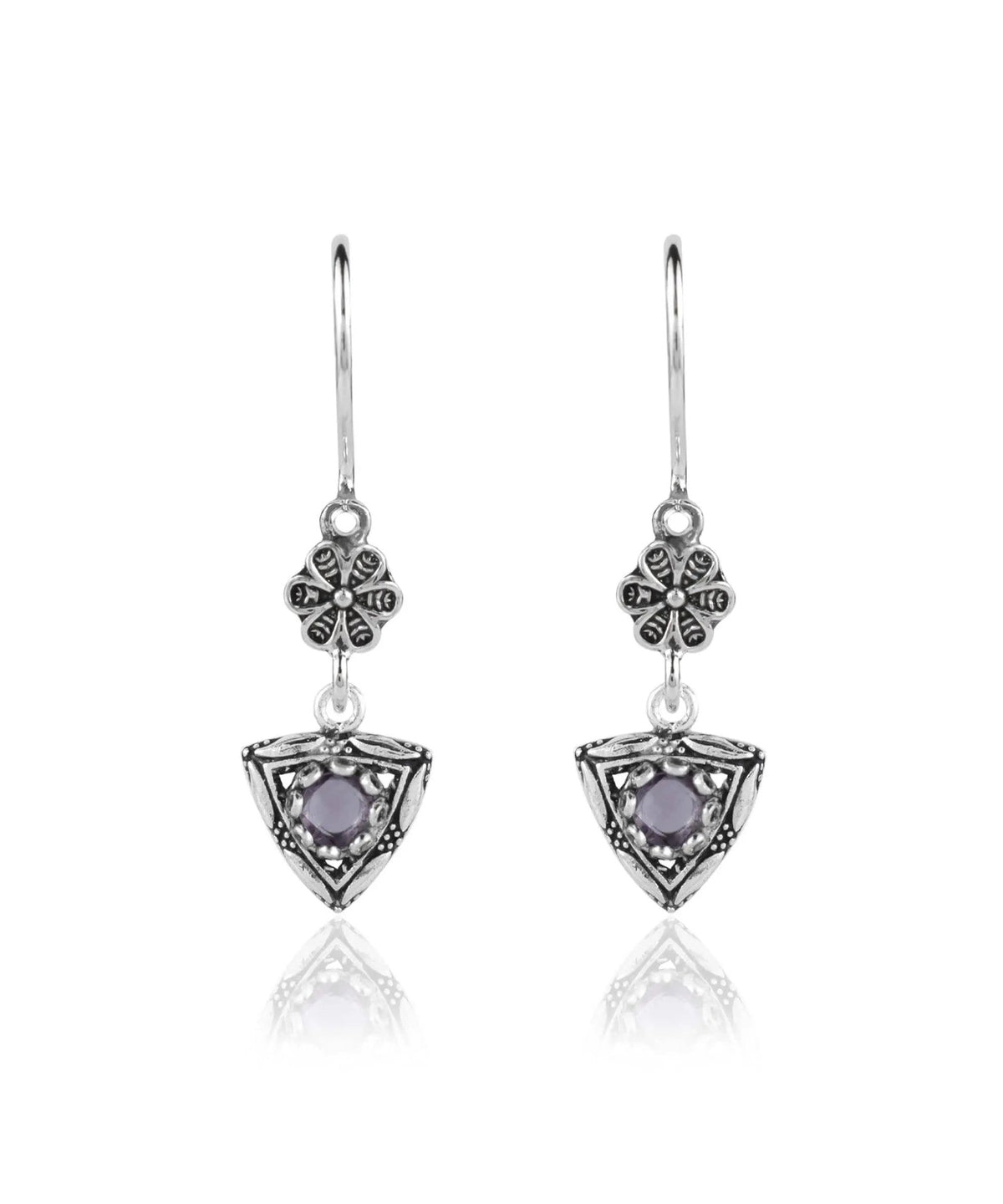 Filigree Art Triangle Shaped Gemstone Women Silver Dangle Earrings - Drakoi Marketplace