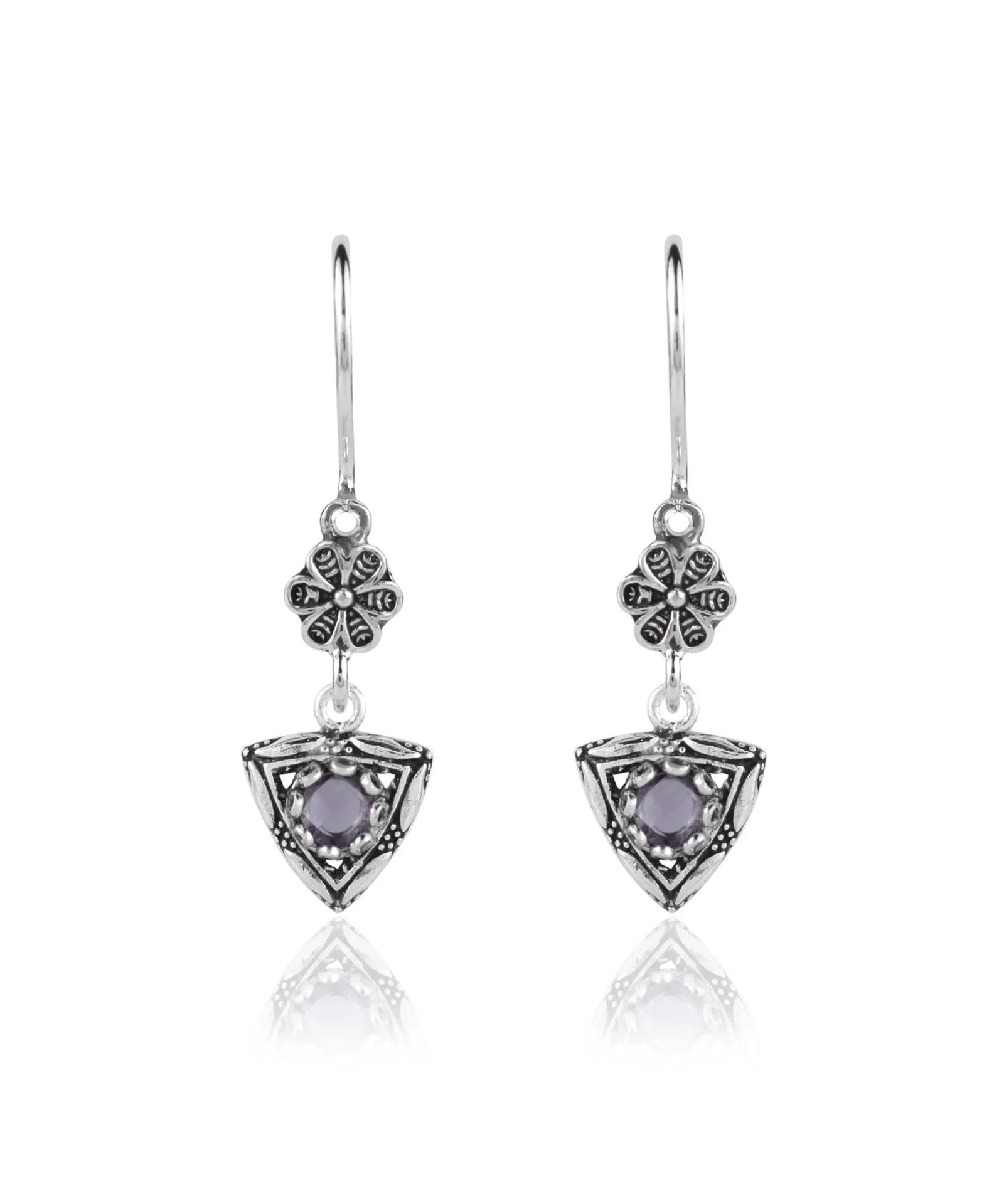 Filigree Art Triangle Shaped Gemstone Women Silver Dangle Earrings - Drakoi Marketplace