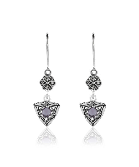 Filigree Art Triangle Shaped Gemstone Women Silver Dangle Earrings - Drakoi Marketplace