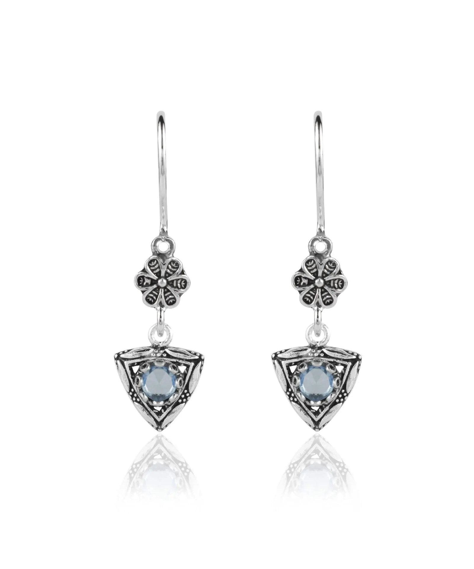 Filigree Art Triangle Shaped Gemstone Women Silver Dangle Earrings - Drakoi Marketplace