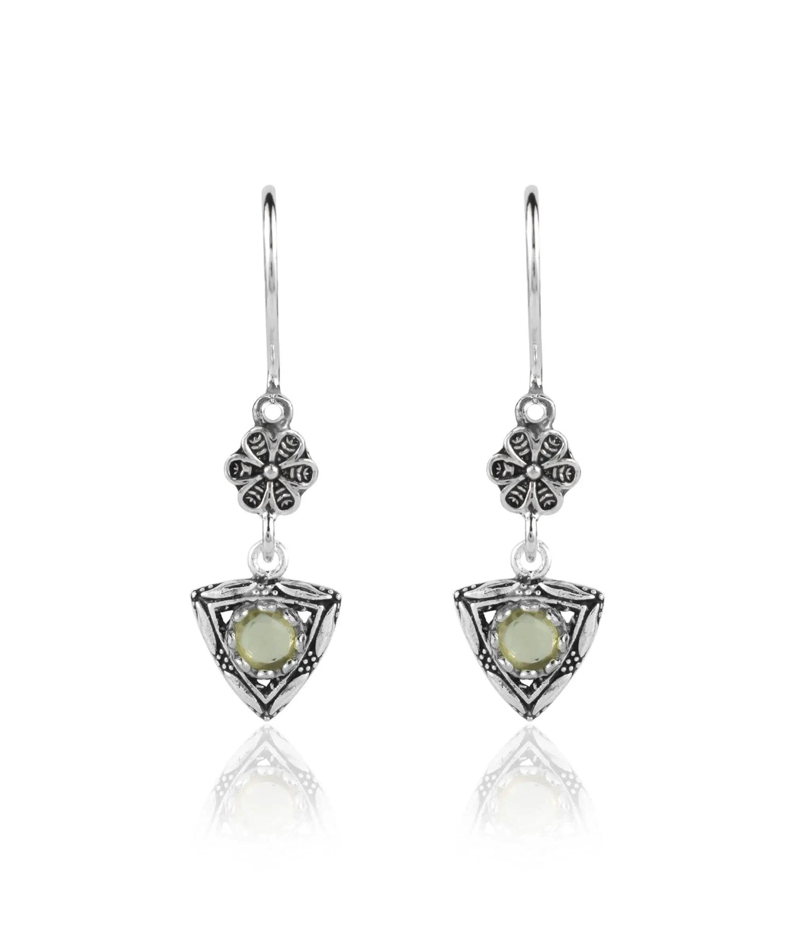 Filigree Art Triangle Shaped Gemstone Women Silver Dangle Earrings - Drakoi Marketplace