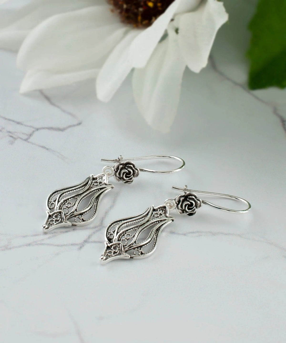 Filigree Art Tulip Design Women Sterling Silver Dangle Drop Earrings - Drakoi Marketplace