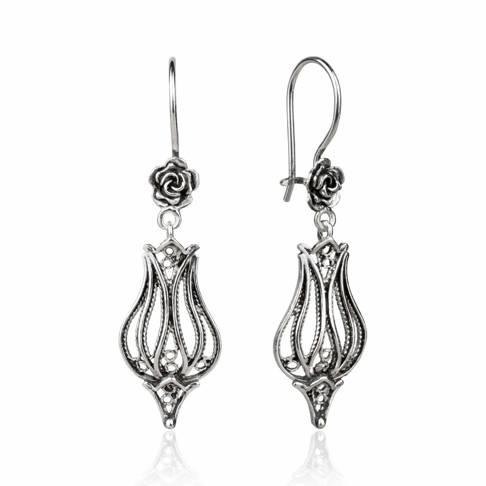 Filigree Art Tulip Design Women Sterling Silver Dangle Drop Earrings - Drakoi Marketplace