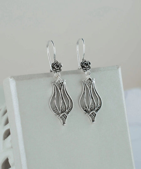 Filigree Art Tulip Design Women Sterling Silver Dangle Drop Earrings - Drakoi Marketplace