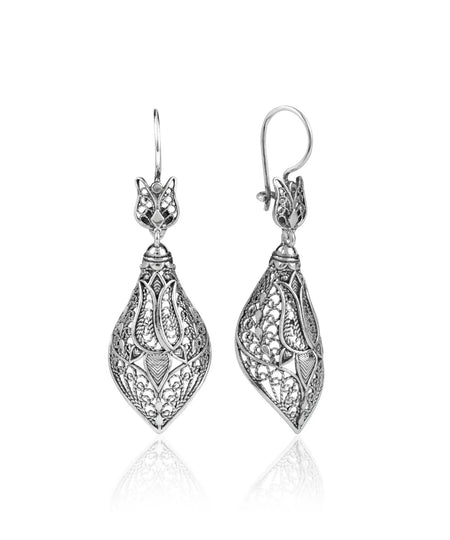 Filigree Art Tulip Figured Women Sterling Silver Dangle Drop Earrings - Drakoi Marketplace