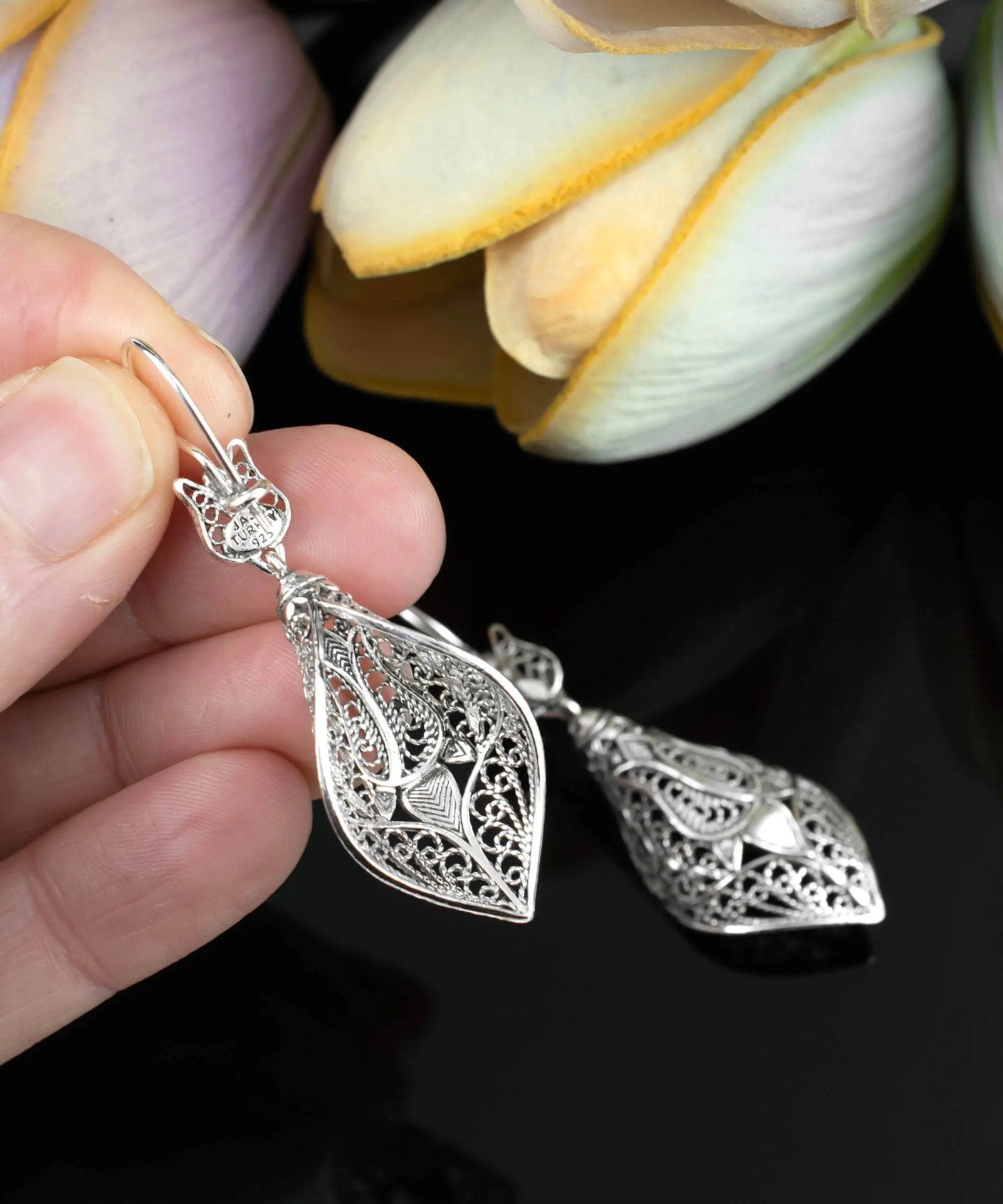 Filigree Art Tulip Figured Women Sterling Silver Dangle Drop Earrings - Drakoi Marketplace