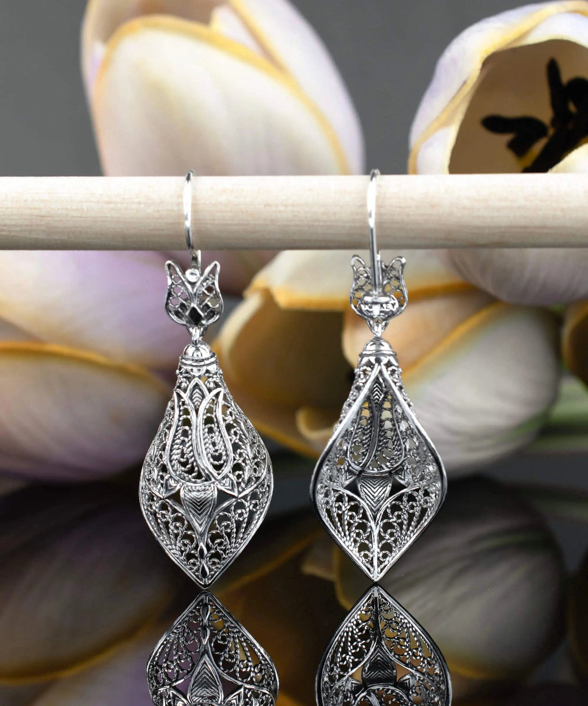 Filigree Art Tulip Figured Women Sterling Silver Dangle Drop Earrings - Drakoi Marketplace