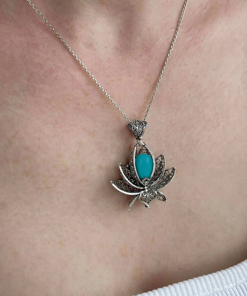 Filigree Art Turquoise Gemstone 3D Lotus Flower Women Silver Pendant Necklace - Drakoi Marketplace