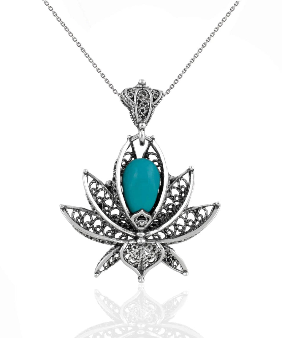 Filigree Art Turquoise Gemstone 3D Lotus Flower Women Silver Pendant Necklace - Drakoi Marketplace