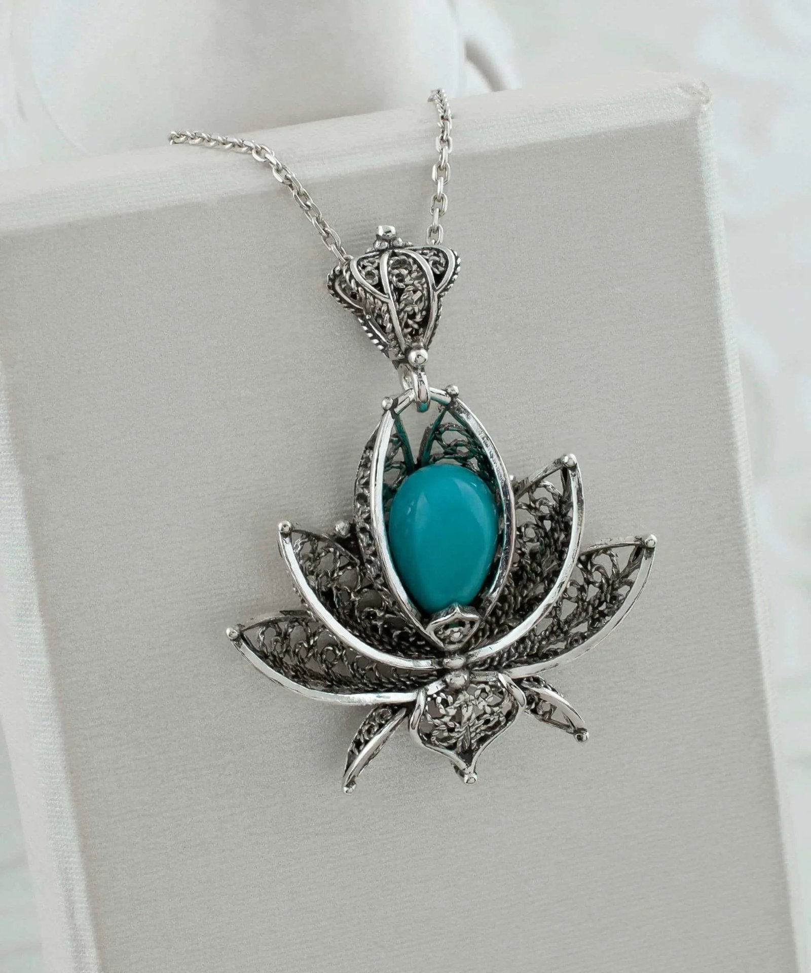 Filigree Art Turquoise Gemstone 3D Lotus Flower Women Silver Pendant Necklace - Drakoi Marketplace