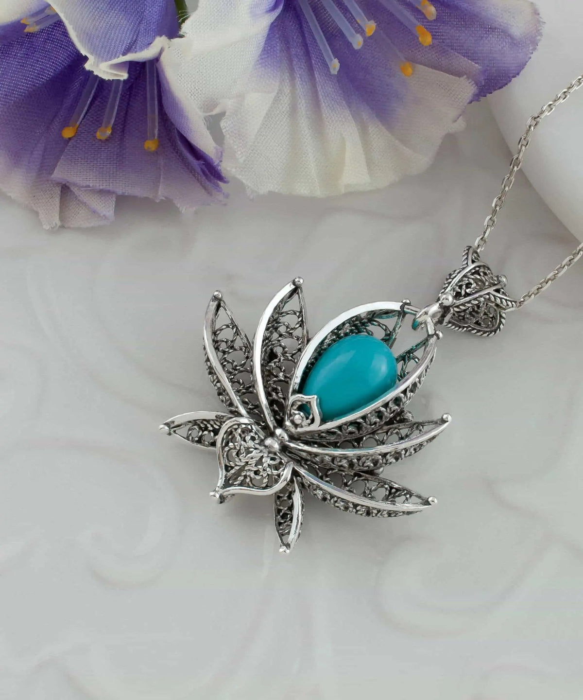 Filigree Art Turquoise Gemstone 3D Lotus Flower Women Silver Pendant Necklace - Drakoi Marketplace