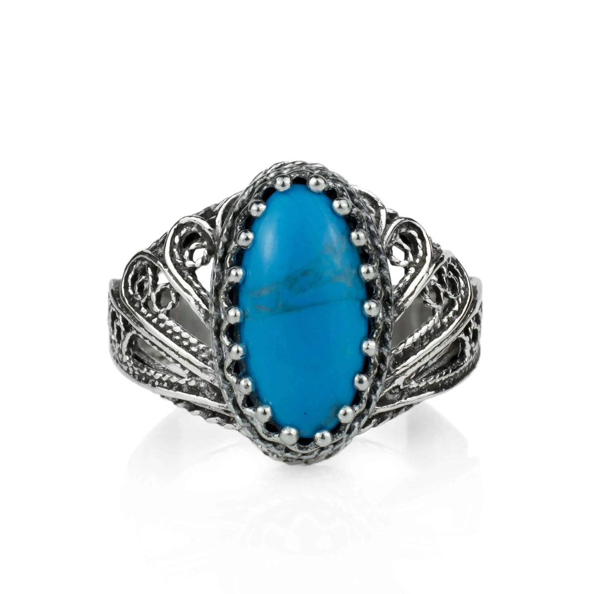 Filigree Art Turquoise Gemstone Angel Design Women Silver Cocktail Ring - Drakoi Marketplace