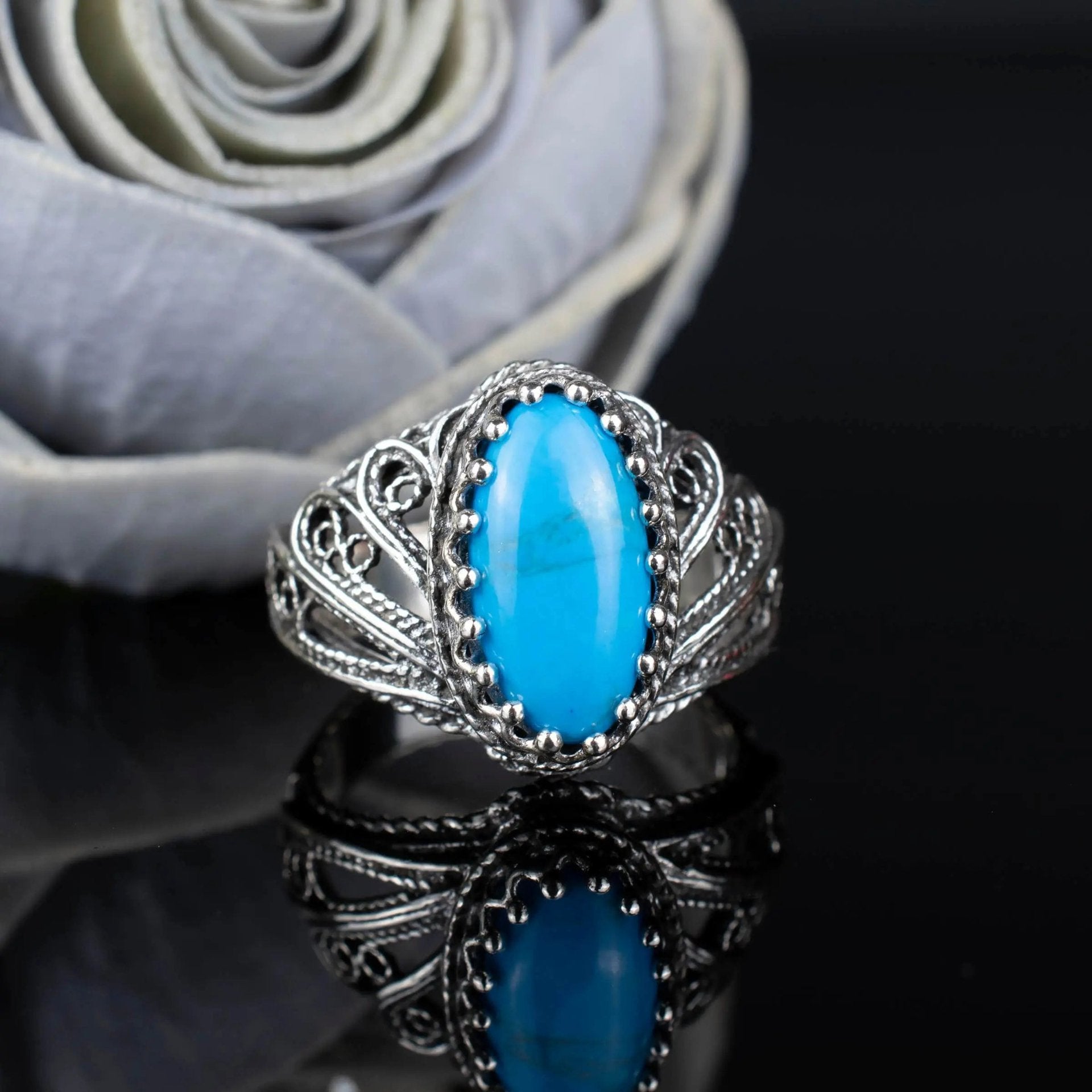 Filigree Art Turquoise Gemstone Angel Design Women Silver Cocktail Ring - Drakoi Marketplace