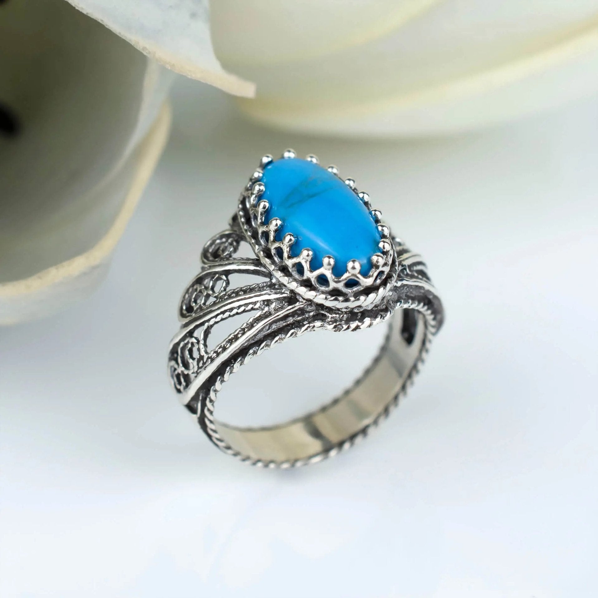 Filigree Art Turquoise Gemstone Angel Design Women Silver Cocktail Ring - Drakoi Marketplace