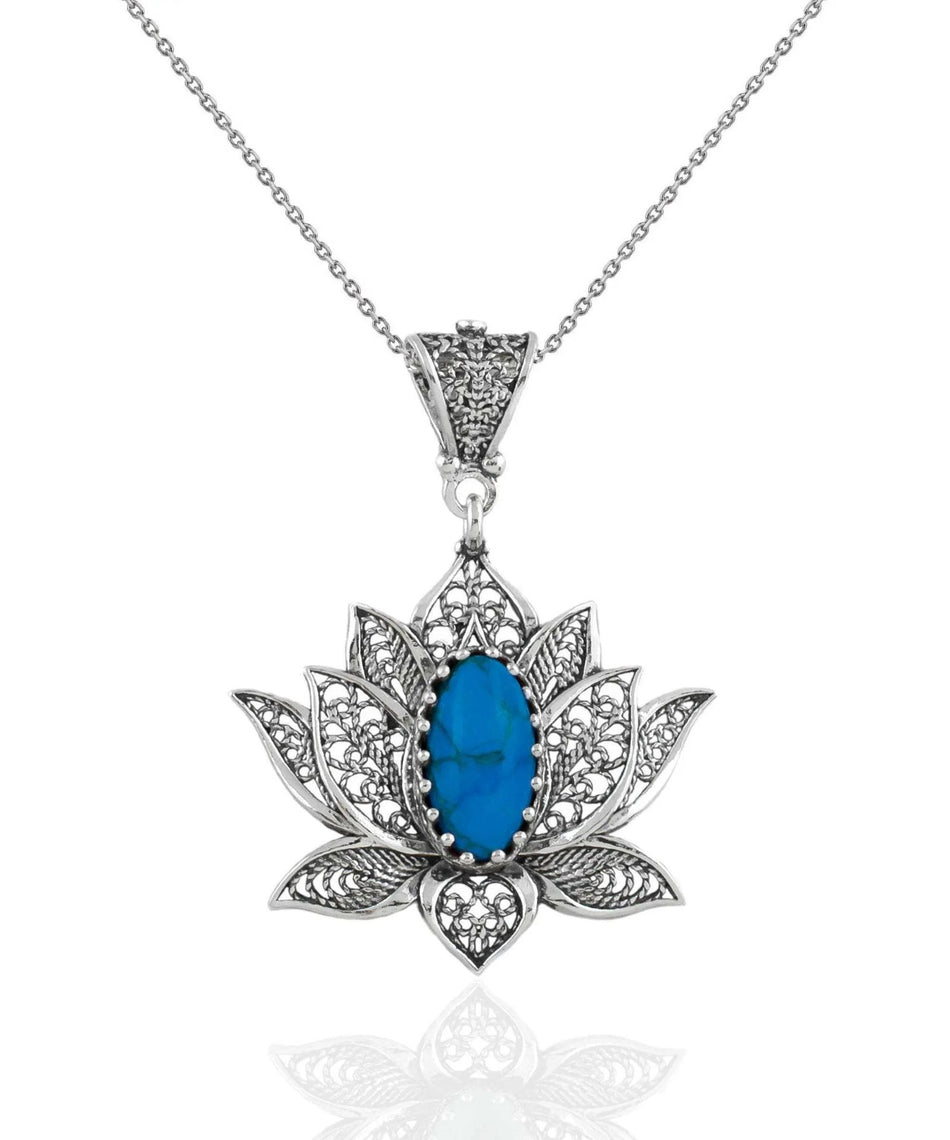 Filigree Art Turquoise Gemstone Blossoming Lotus Flower Women Silver Pendant Necklace - Drakoi Marketplace