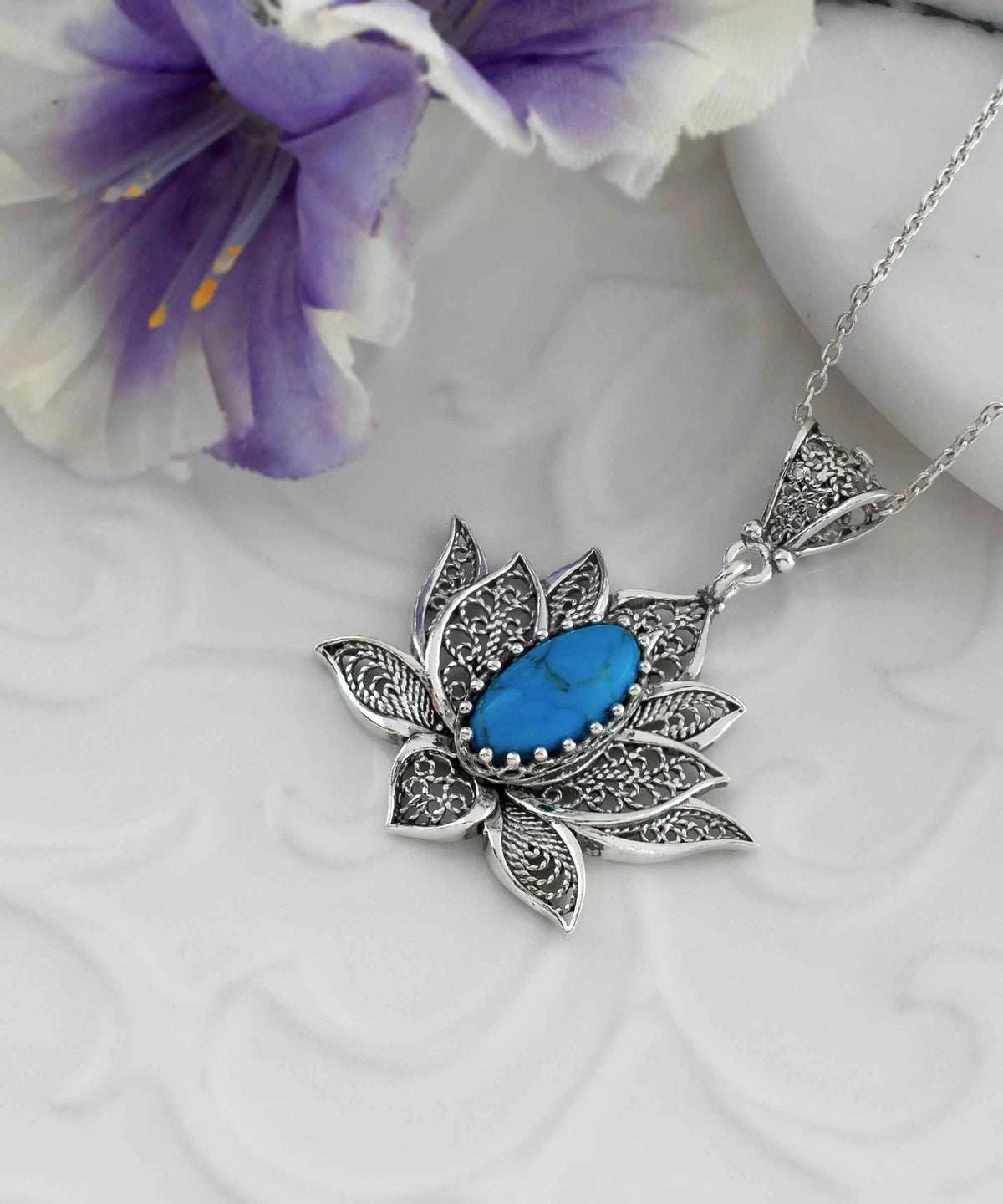 Filigree Art Turquoise Gemstone Blossoming Lotus Flower Women Silver Pendant Necklace - Drakoi Marketplace