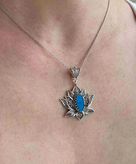 Filigree Art Turquoise Gemstone Blossoming Lotus Flower Women Silver Pendant Necklace - Drakoi Marketplace