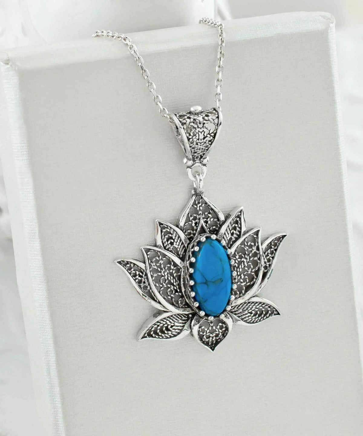 Filigree Art Turquoise Gemstone Blossoming Lotus Flower Women Silver Pendant Necklace - Drakoi Marketplace