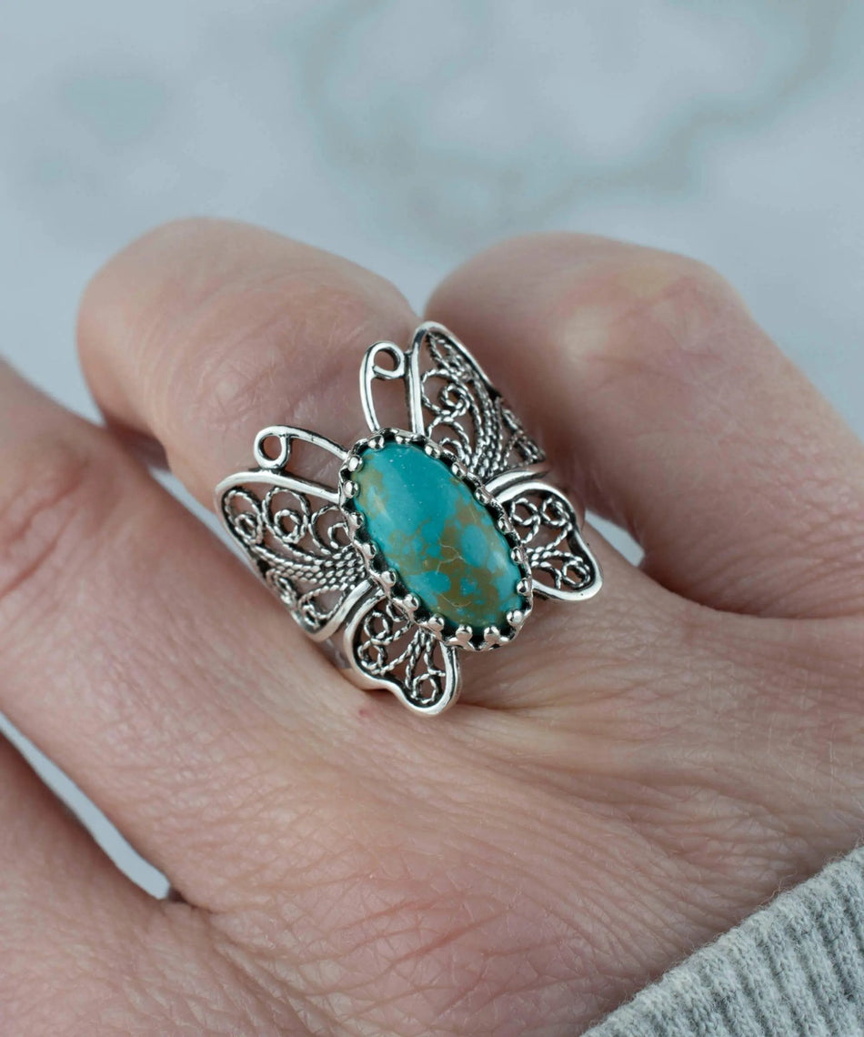 Filigree Art Turquoise Gemstone Butterfly Design Women Silver Cocktail Ring - Drakoi Marketplace