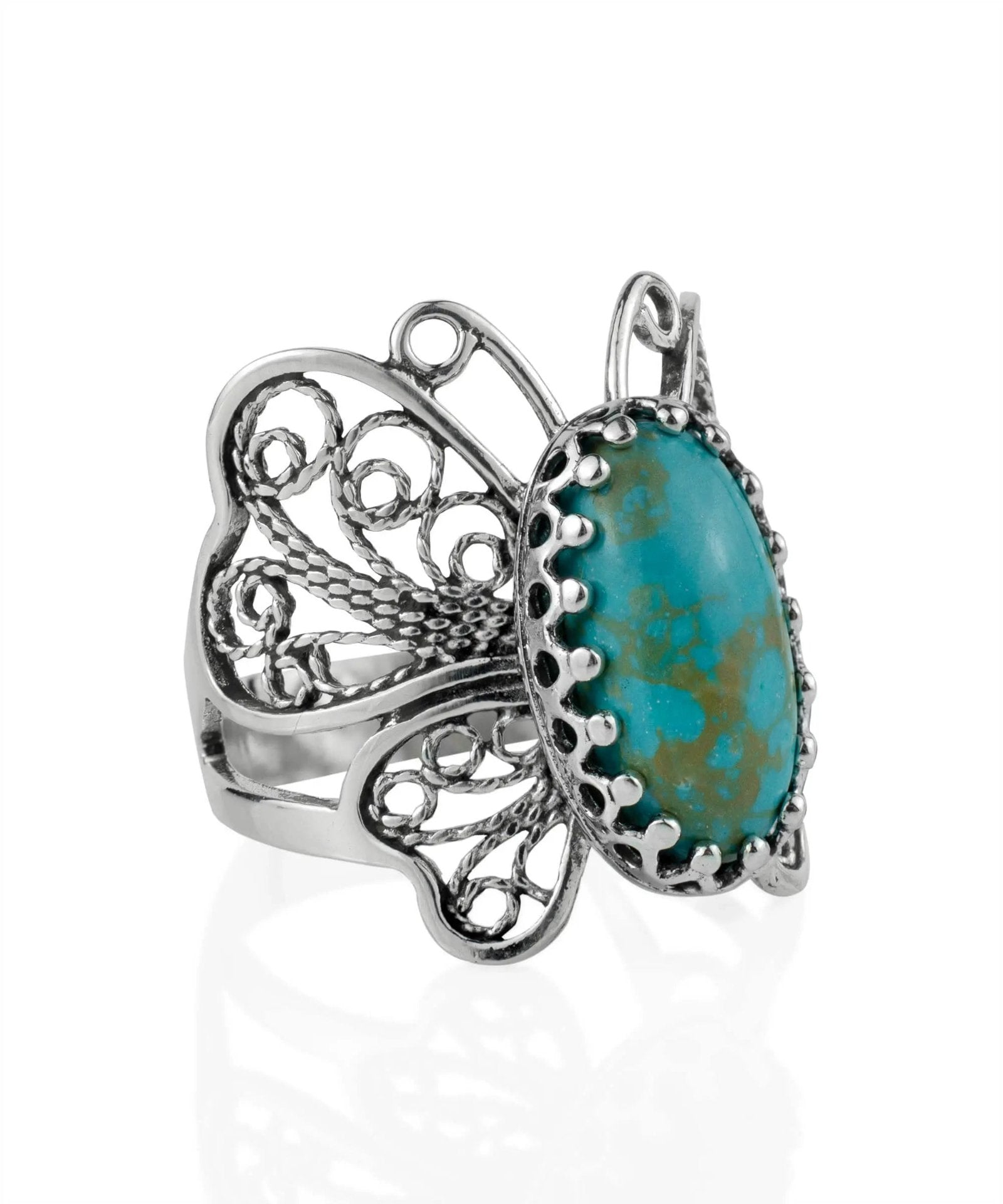 Filigree Art Turquoise Gemstone Butterfly Design Women Silver Cocktail Ring - Drakoi Marketplace