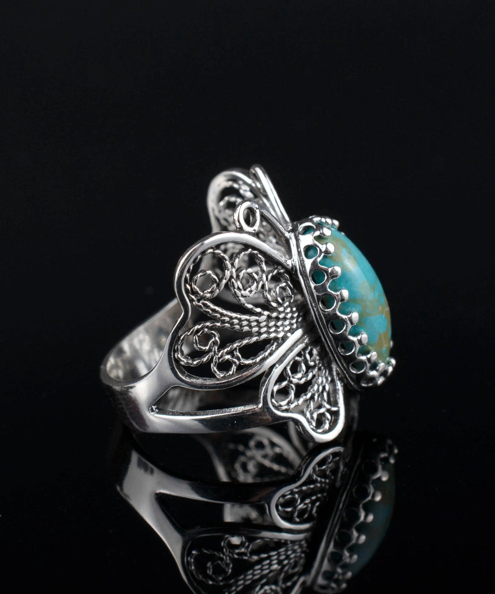 Filigree Art Turquoise Gemstone Butterfly Design Women Silver Cocktail Ring - Drakoi Marketplace