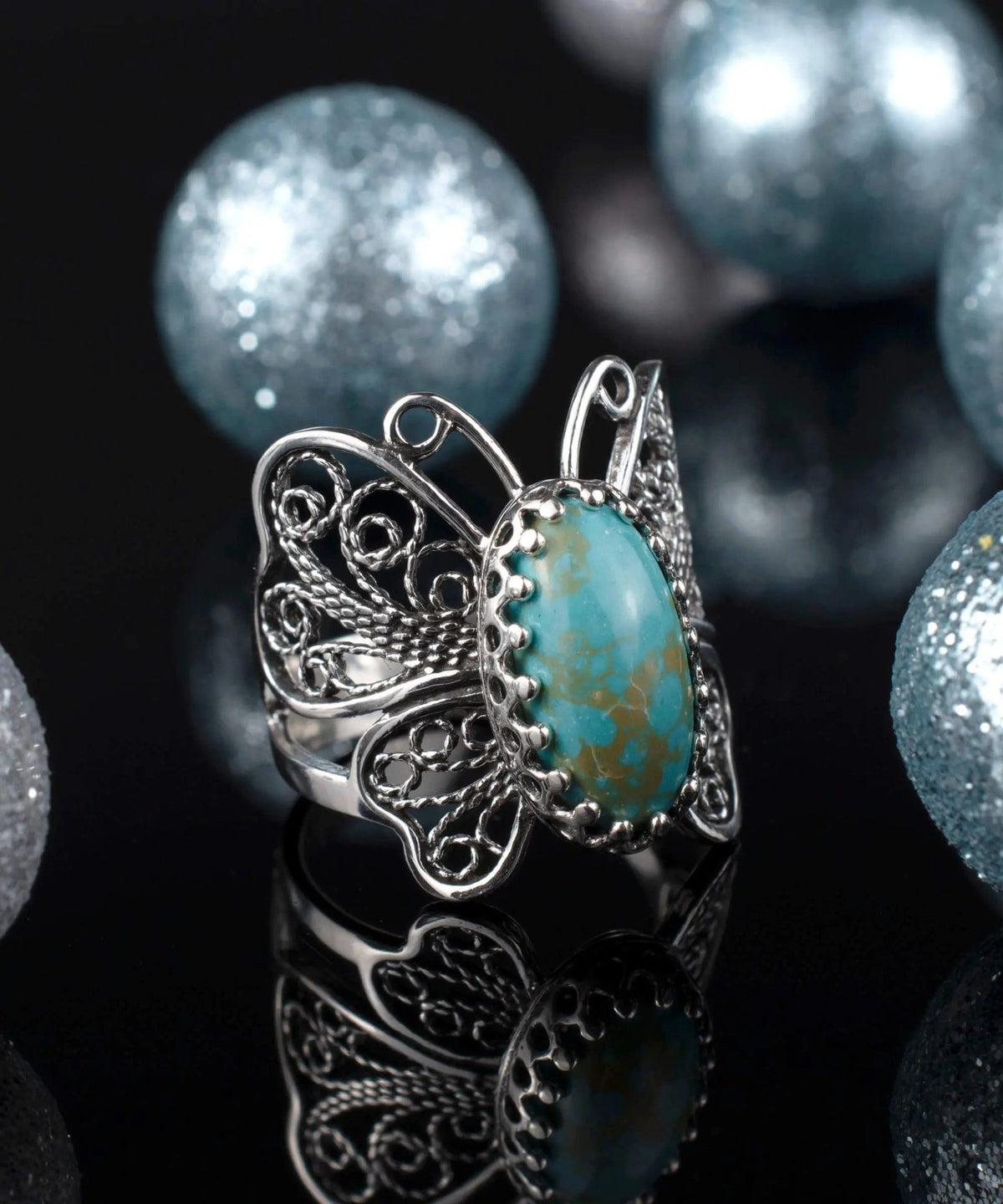 Filigree Art Turquoise Gemstone Butterfly Design Women Silver Cocktail Ring - Drakoi Marketplace