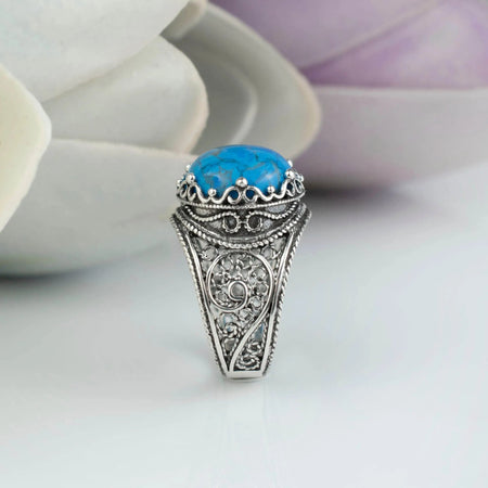 Filigree Art Turquoise Gemstone Crown Design Women Silver Cocktail Ring - Drakoi Marketplace