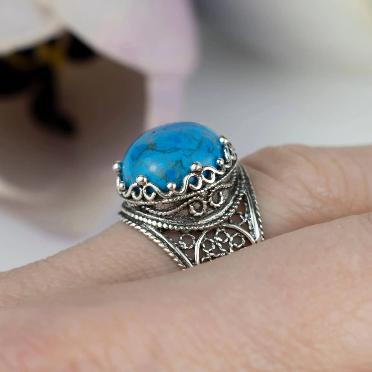 Filigree Art Turquoise Gemstone Crown Design Women Silver Cocktail Ring - Drakoi Marketplace