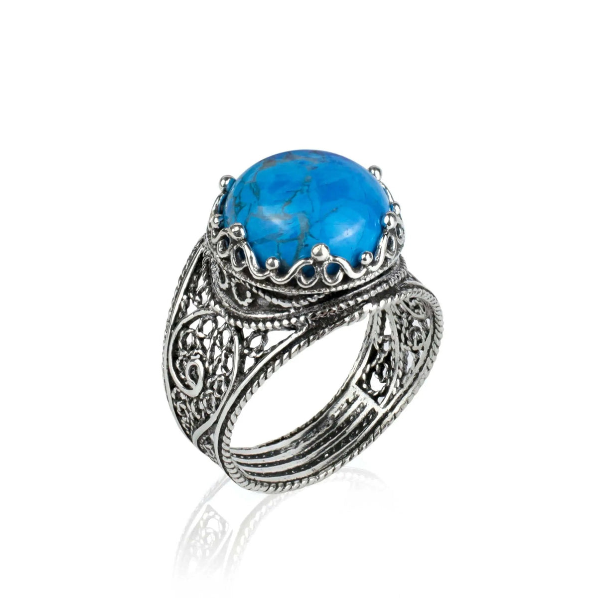 Filigree Art Turquoise Gemstone Crown Design Women Silver Cocktail Ring - Drakoi Marketplace