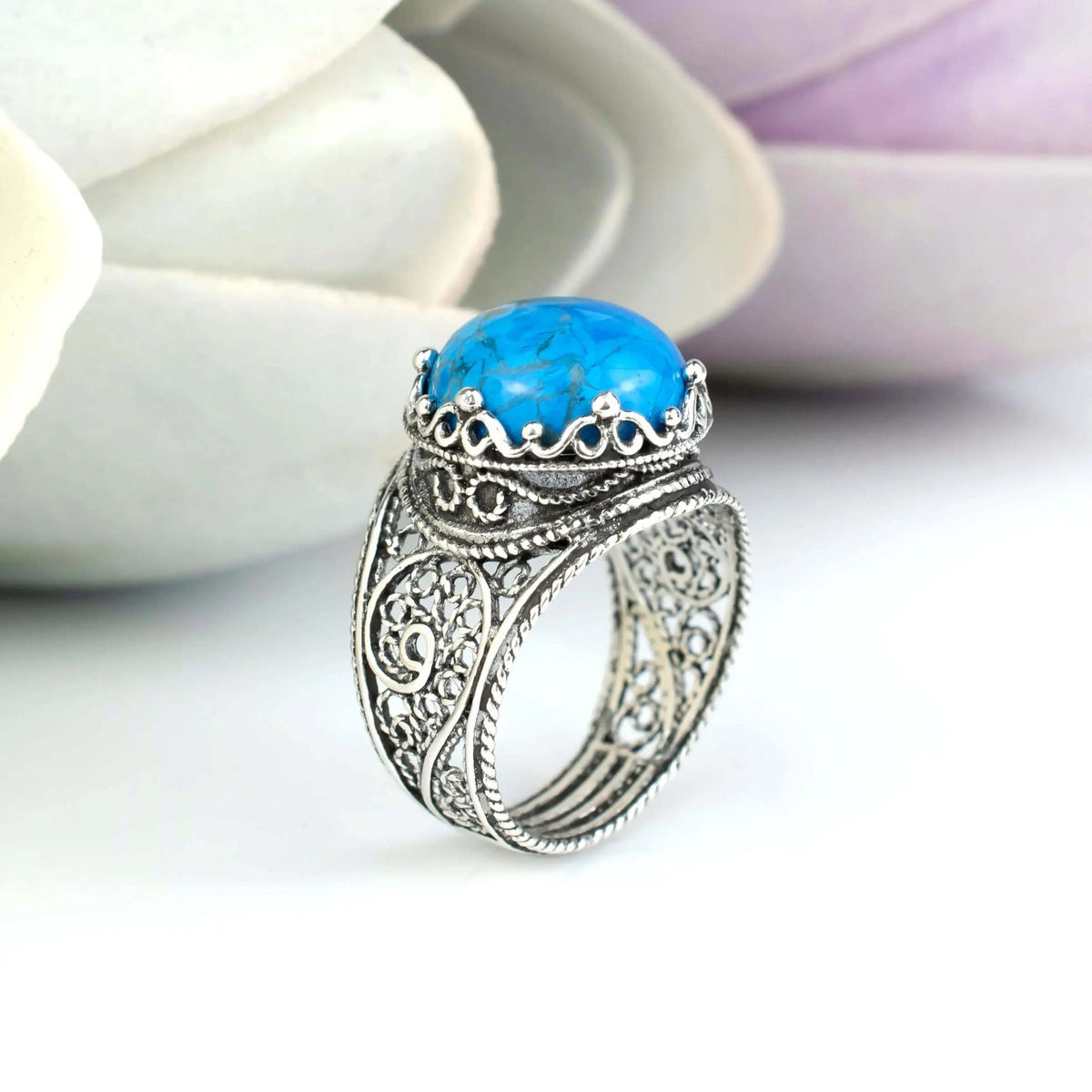 Filigree Art Turquoise Gemstone Crown Design Women Silver Cocktail Ring - Drakoi Marketplace